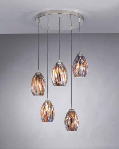 Suspension lamp with 5 lights, Nickel finish, blown glass multicolored Murrina L.10009/5