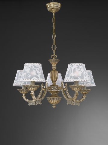 5 lights brass chandelier with lamp shades. L.7432/5