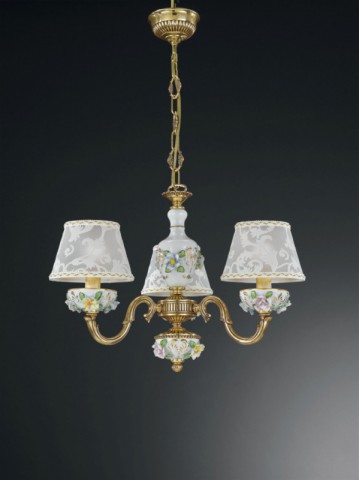 3 lights golden brass and painted porcelain chandelier with lamp shades