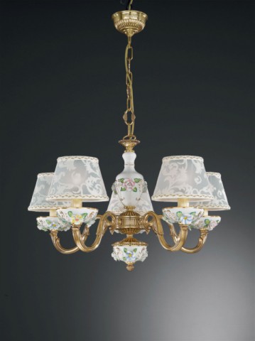5 lights golden brass and painted porcelain chandelier with lamp shades