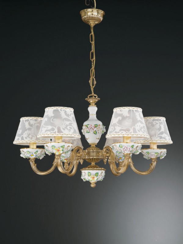 6 lights golden brass and painted porcelain chandelier with lamp shades