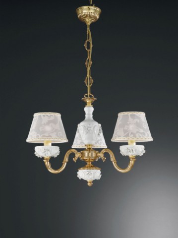 3 lights golden brass and white porcelain chandelier with lamp shades