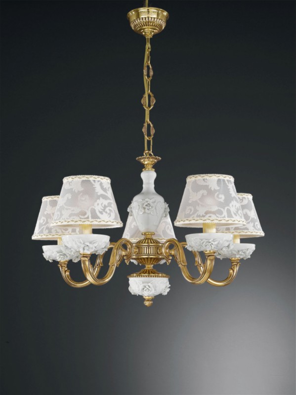 5 lights golden brass and white porcelain chandelier with lamp shades