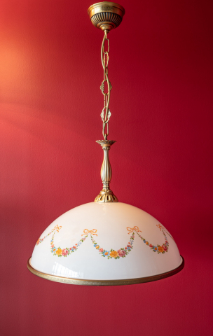 Lampada a sospensione in ottone con vetro bianco decorato Festoni L.8010-1