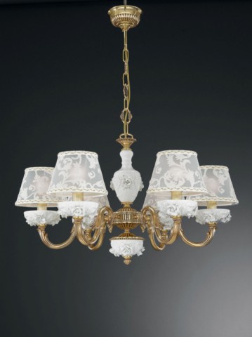 6 lights golden brass and white porcelain chandelier with lamp shades