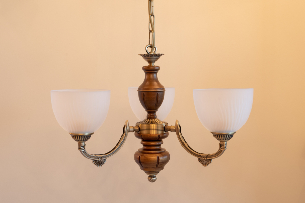 Classic chandelier, in brass, satin glass. L.5640/3