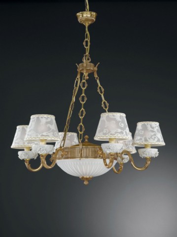 8 lights golden brass and white porcelain chandelier with lamp shades