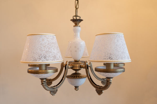 Classic brass chandelier, Embroidery fabric lampshade. L.8290/5