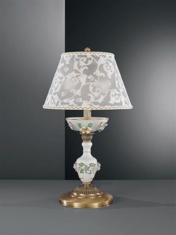 Brass table lamp with painted porcelain and lamp shade