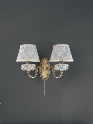 2 light brass and painted porcelain wall sconce with lamp shade