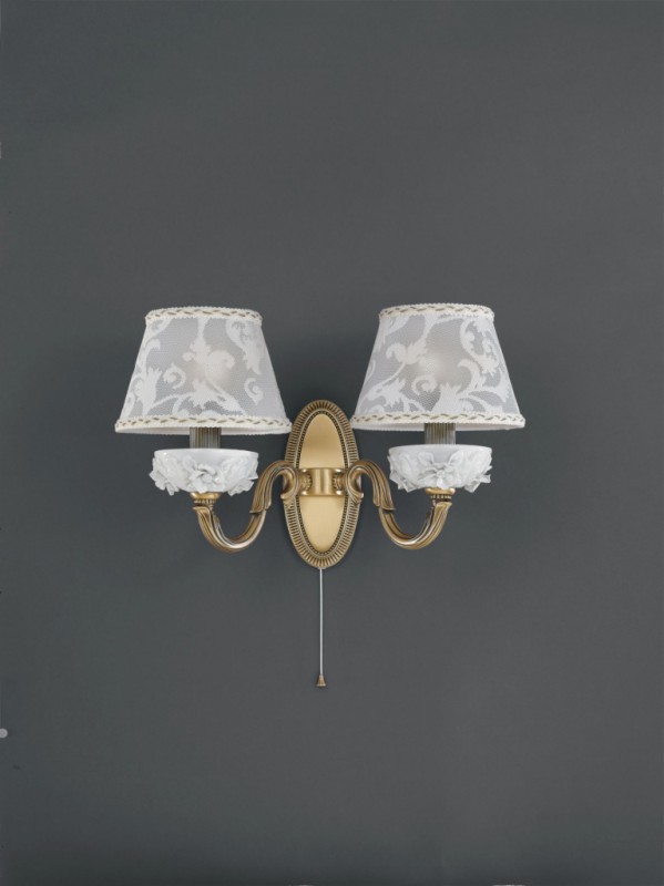2 light brass and white porcelain wall sconce with lamp shade