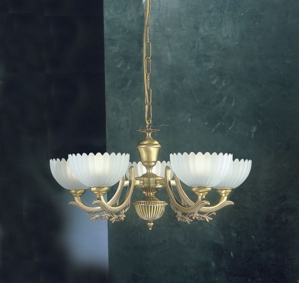 5 lights brass chandelier with frosted glass facing upward
