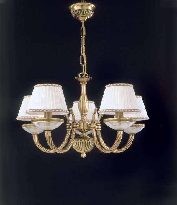 5 lights brass and frosted cut glass chandelier with lamp shades