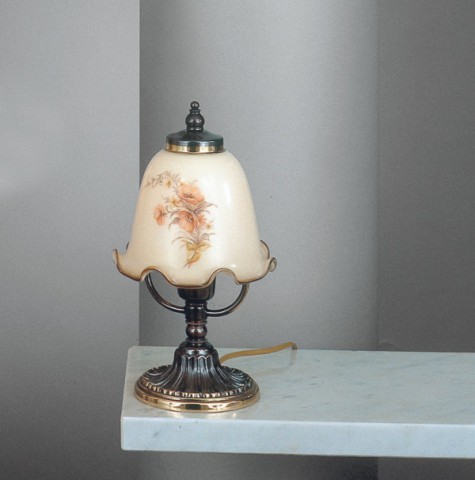 Bronze colored brass bedside lamp with ivory blown glass