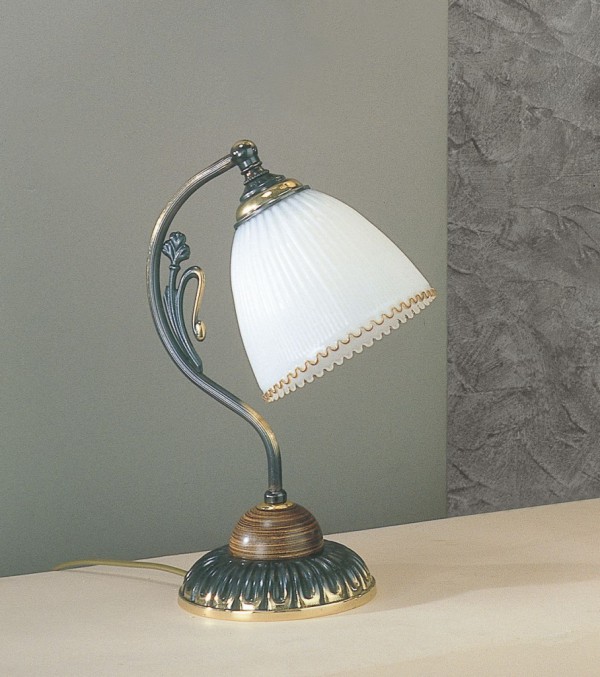 Lampada da comodino in ottone color bronzo, legno e vetro soffiato