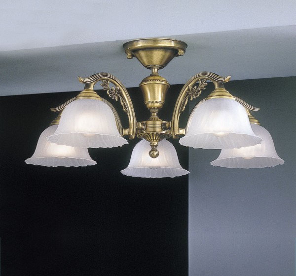 Lampadario classico in ottone a 5 luci in vetro satinato