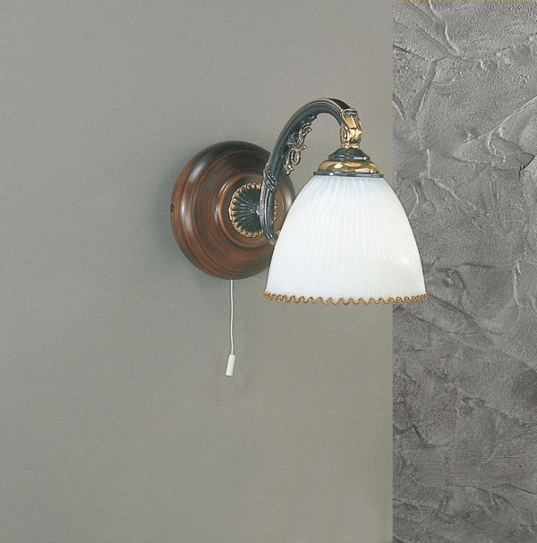 Brass and wood sconce with white blown glass 1 light facing down