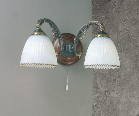 Brass and wood sconce with white blown glass 2 lights facing down