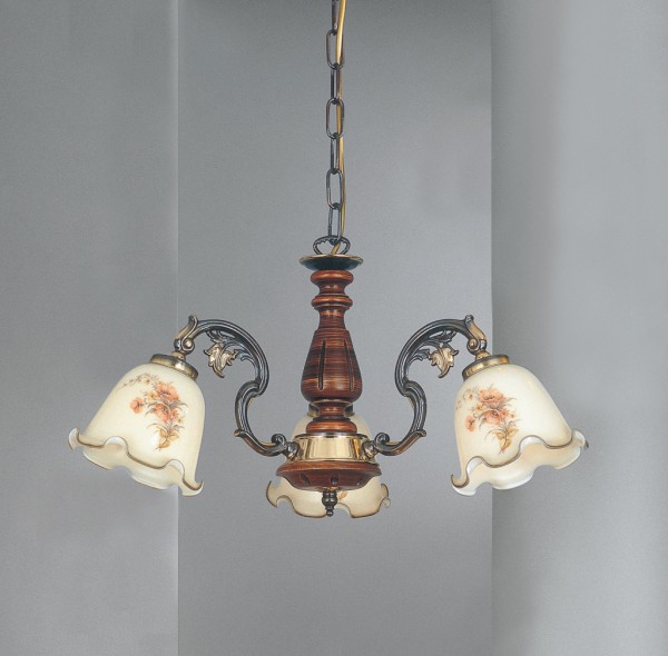 3 lights brass and wood chandelier with ivory blown glass