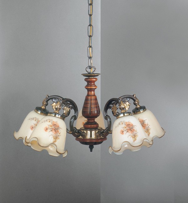 5 lights brass and wood chandelier with ivory blown glass