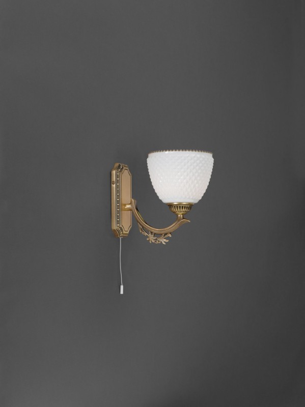 Brass wall sconce with white blown glass 1 light facing upward