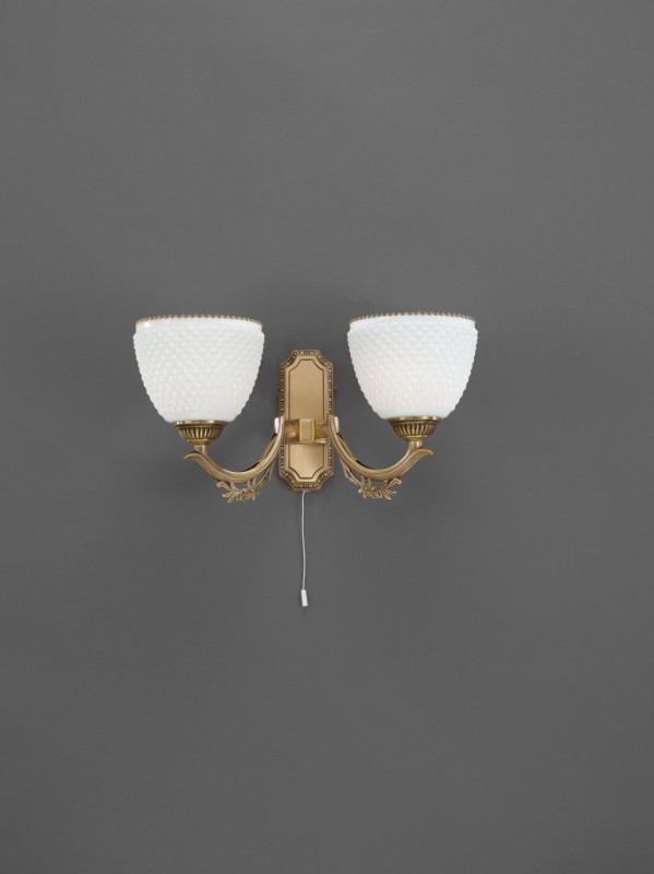 Brass wall sconce with white blown glass 2 lights facing upward