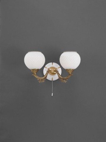 Brass and wood sconce with blown glass 2 lights facing upward