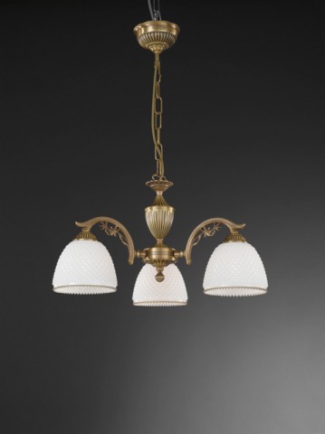 3 lights brass chandelier with white blown glass