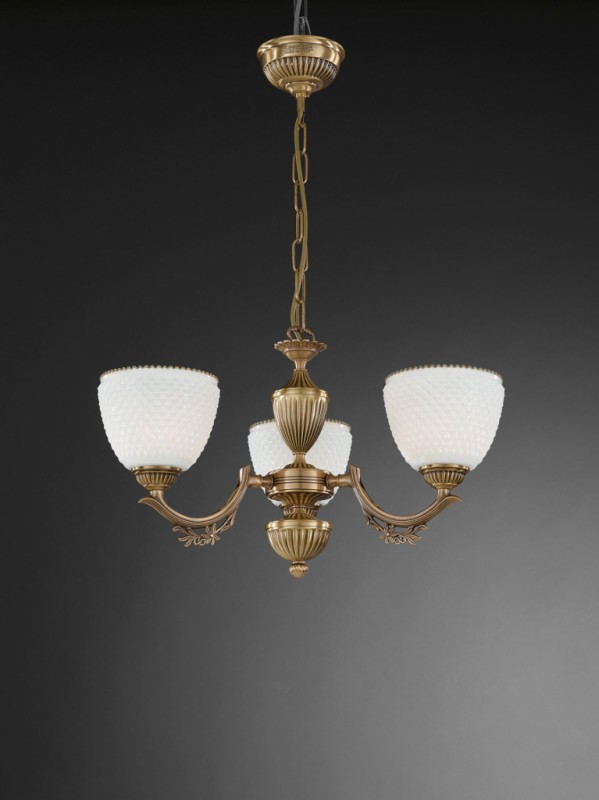 3 lights brass chandelier with white blown glass facing upward