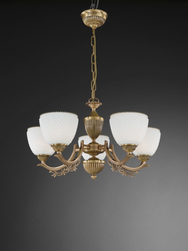 5 lights brass chandelier with white blown glass facing upward