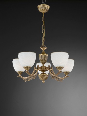 5 lights brass chandelier with white blown glass facing upward