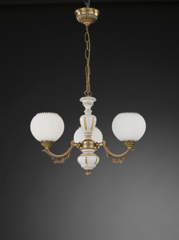 3 lights brass and wood chandelier with white blown spheric glass facing upward
