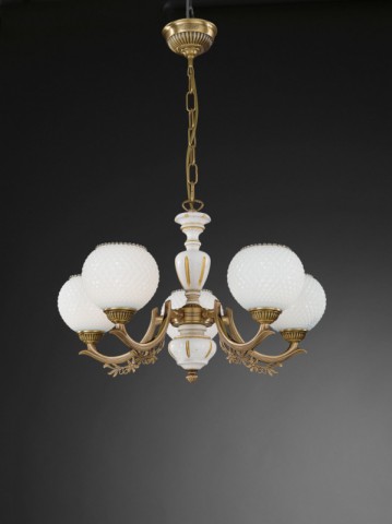 5 lights brass and wood chandelier with white blown spheric glass facing upward