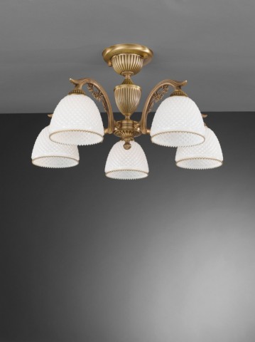5 lights brass chandelier with white blown glass