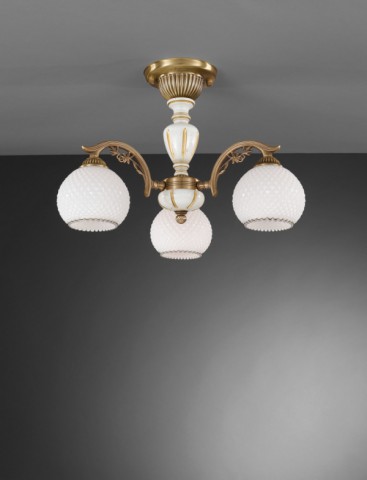 Lampadario in legno, ottone e vetro bianco soffiato 3 luci