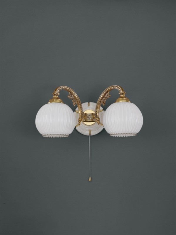 Golden brass wall sconce with white striped blown glass 2 lights