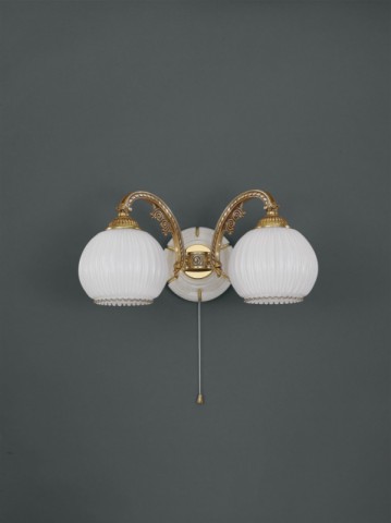 Golden brass wall sconce with white striped blown glass 2 lights