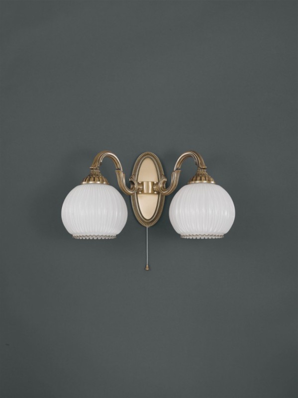 Brass wall sconce with white striped blown glass 2 lights