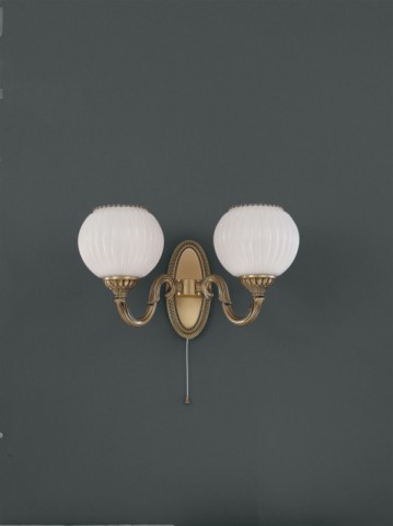 Brass wall sconce with white striped blown glass 2 lights facing upward