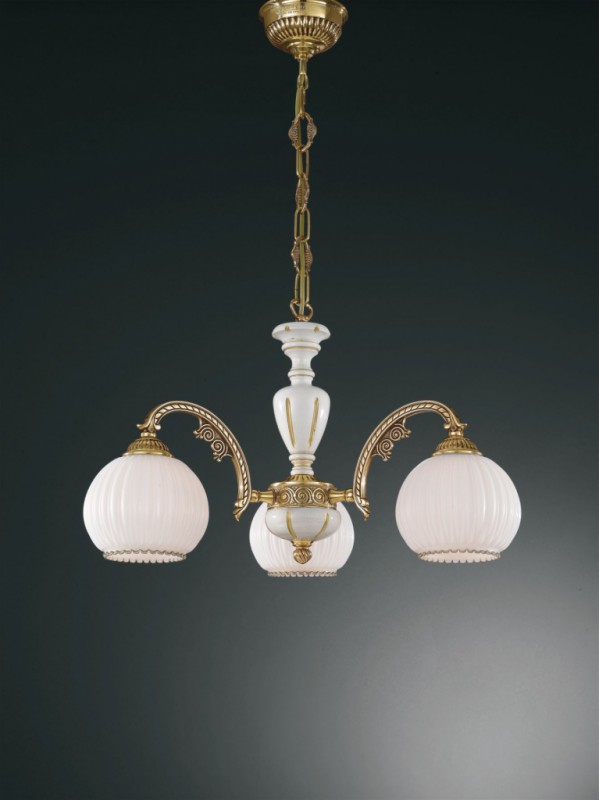 3 lights golden brass and wood chandelier with white blown spheric glass