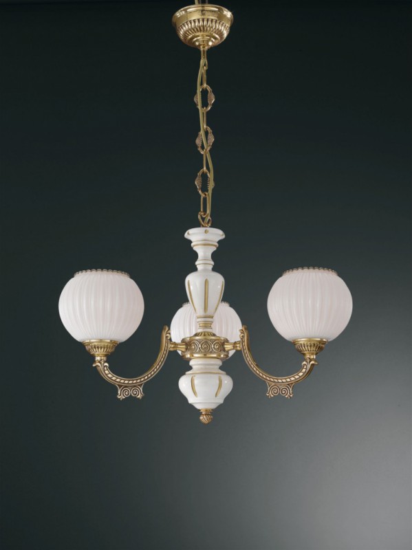 3 lights golden brass and wood chandelier with white blown spheric glass facing upward