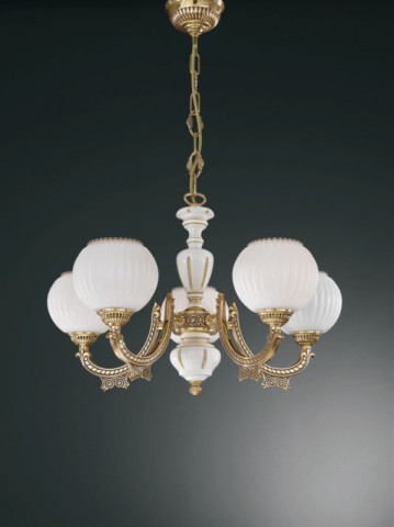 5 lights golden brass and wood chandelier with white blown spheric glass facing upward