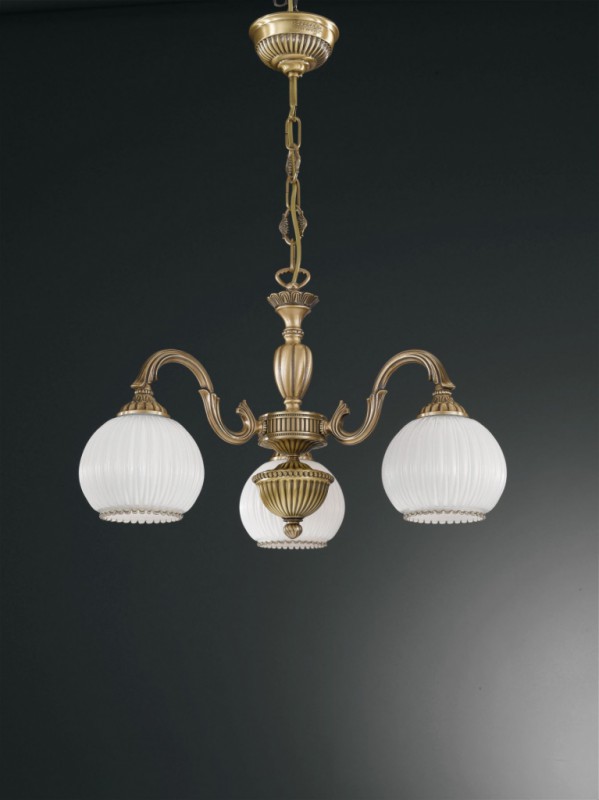 3 lights brass chandelier with spheric white blown striped glass