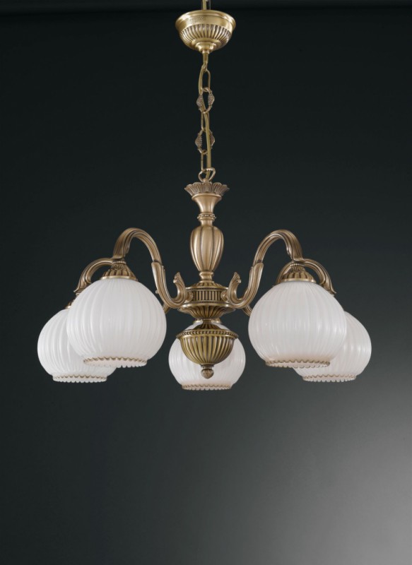 5 lights brass chandelier with spheric white blown striped glass