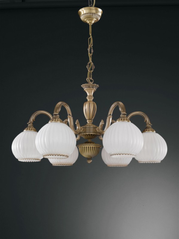 6 lights brass chandelier with spheric white blown striped glass