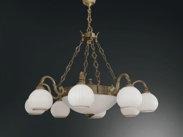 11 lights brass chandelier with spheric white blown striped glass