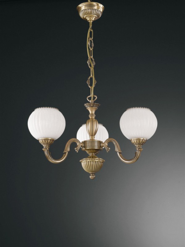 3 lights brass chandelier with white striped blown glass facing upward