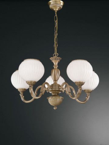 5 lights brass chandelier with white striped blown glass facing upward
