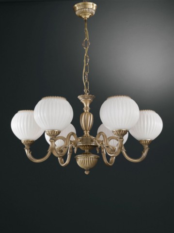 6 lights brass chandelier with white striped blown glass facing upward
