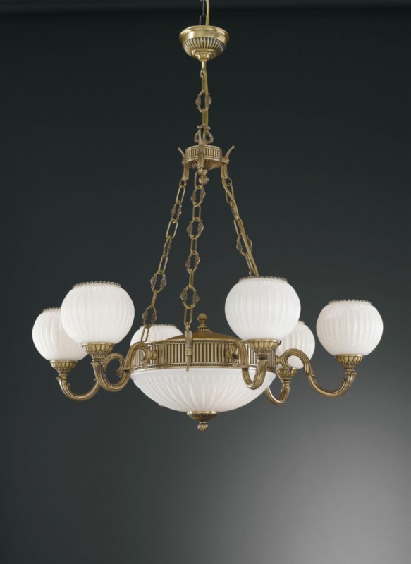 8 lights brass chandelier with white striped blown glass facing upward